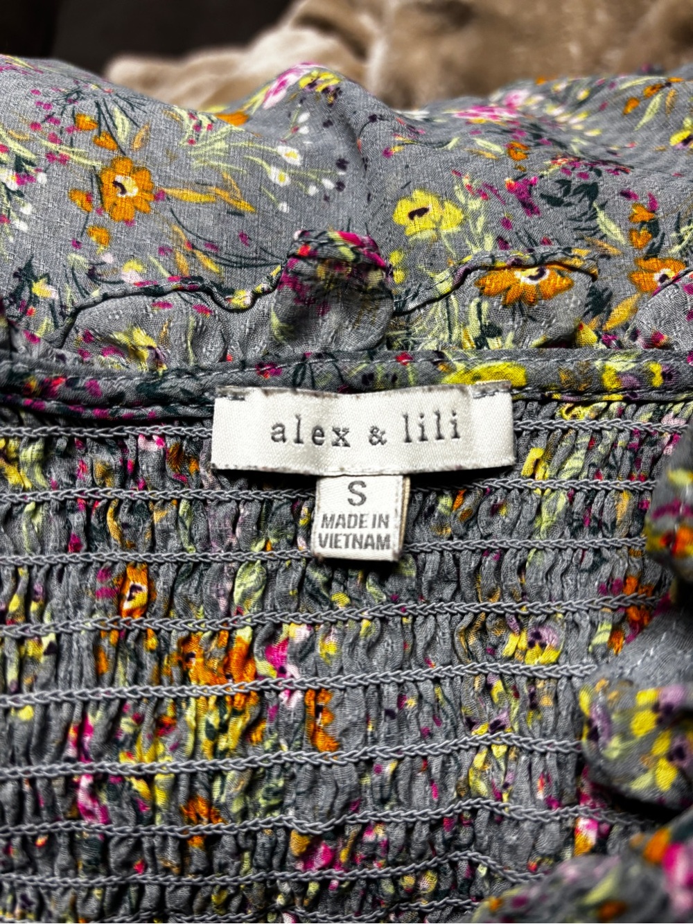 Smocked Yoke Floral Blouse - Gray with Yellow & Pink Flowers - Picture 4 of 8